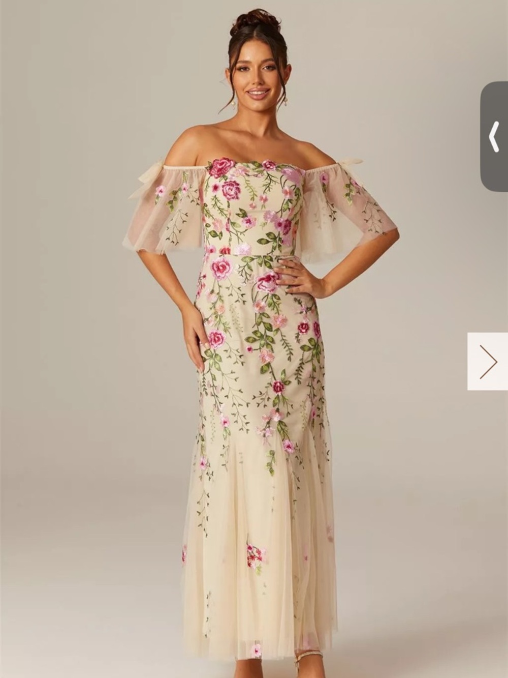 AW Bridal Cream Off-Shoulder Dress with Pink Floral Embroidery
